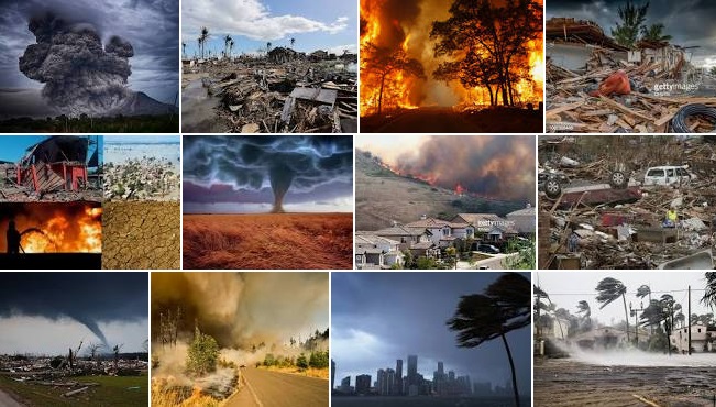A collage of disaster pictures.